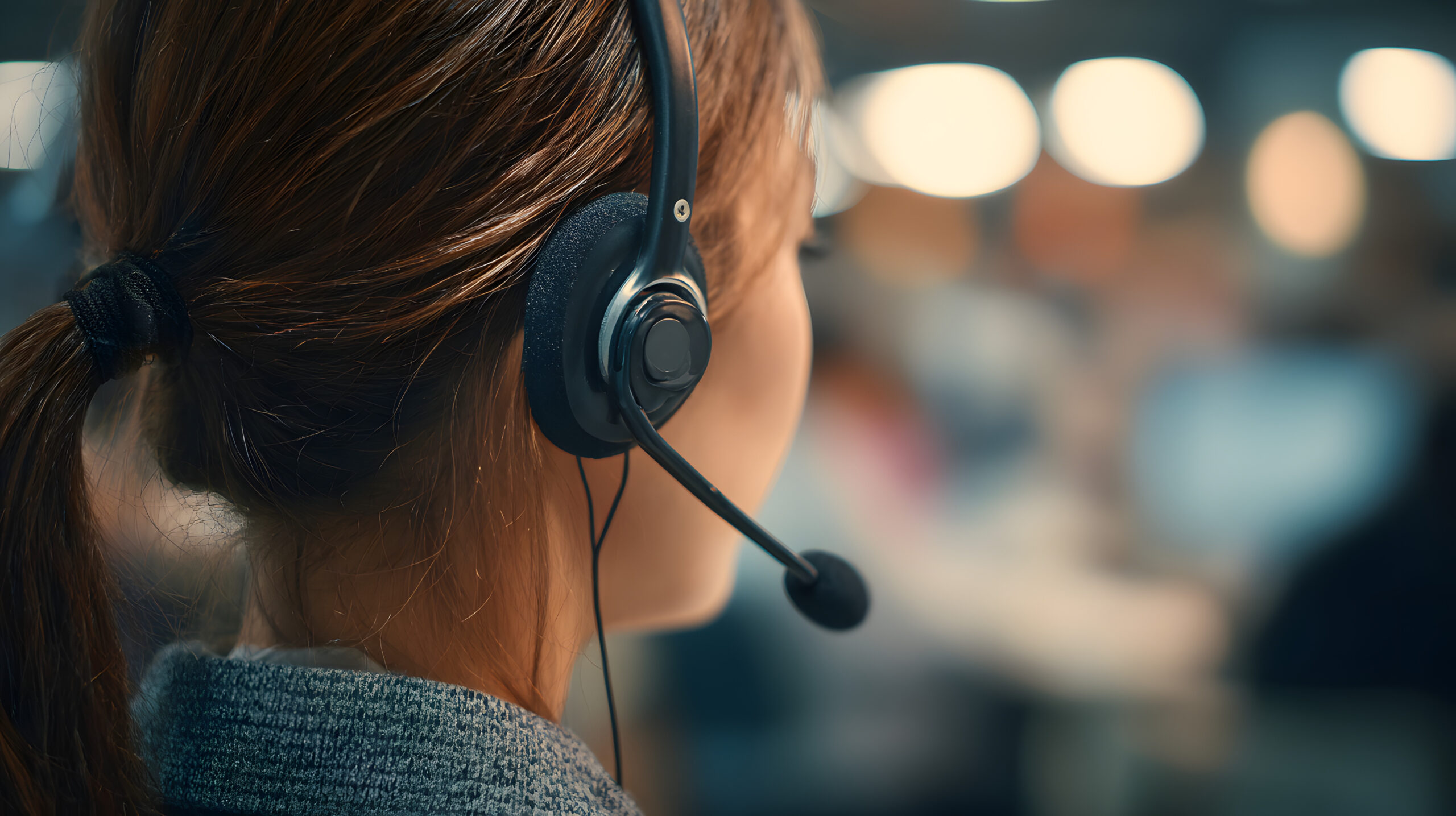 A customer service representative wearing a headset talks to a client against a blurred office background. Illustration of a customer service background.